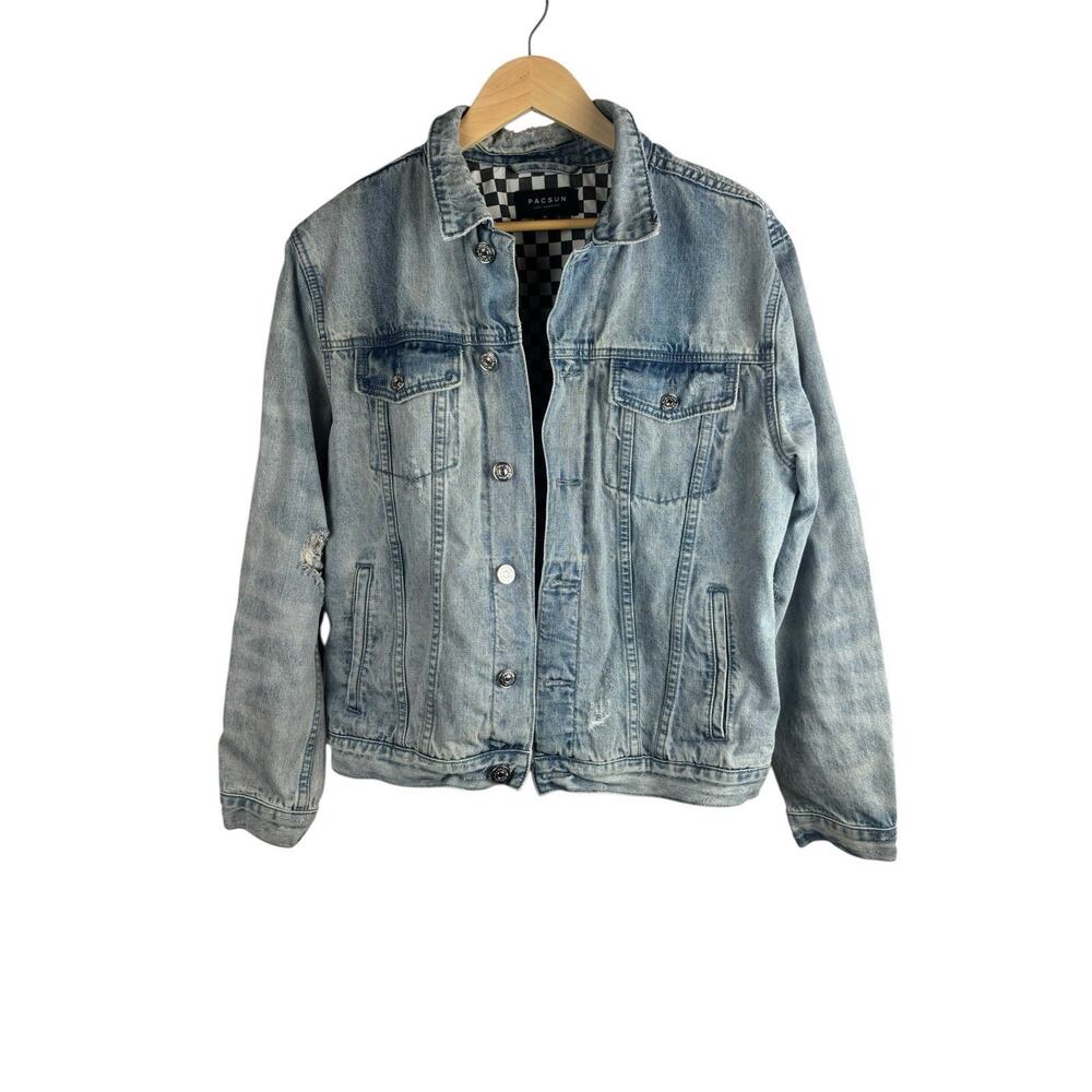 Pacsun Jacket Mens Medium Denim Jean Blue Faded Distressed Torn Grunge Checkered